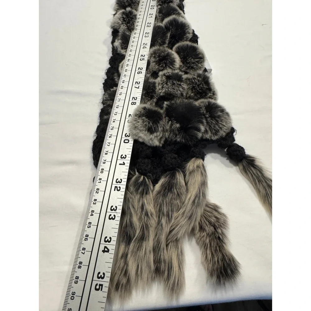 Genuine Rex Rabbit Fur Pom Pom Scarf Tail Fringe OS Black Gray Exc‎
